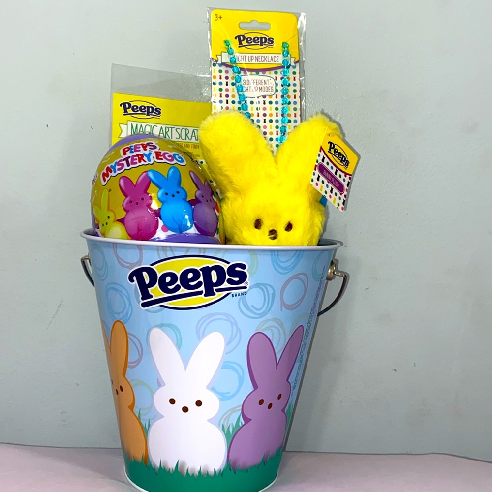 Peeps Theme Easter Tin Basket Gift Set 10 Pc New * Free goodies * See below